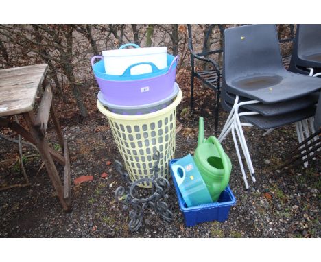 A quantity of plastic ware to include watering can, trug buckets, laundry baskets and a plastic plant stand etc.