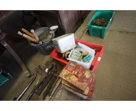 A plastic builders bucket and contents of tools to include garden shears together with a plastic crate containing various too