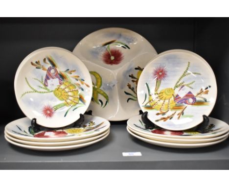 A group of Masons Ironstone 'South Seas' series china, comprising six plates, six smaller side plates and a sectioned dish, p