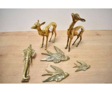 A brass elephant door knocker, L17.5cm, sold together with a pair of brass fauns and 3 flying swallows, (6)