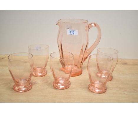 A pink glass lemonade set, comprising of a pitcher h19.5cm, and 5 matching glasses, (6)