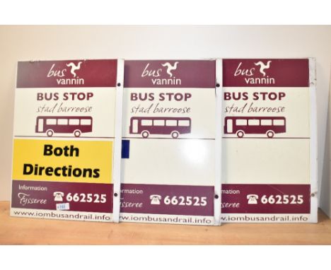Three vintage Isle of Man Bus Stop Flags, Both Directions, Zone 1 and plain, all Bus Vannin, burgundy and white