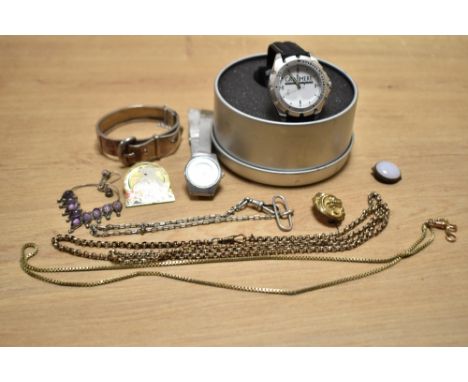 A small collection of costume jewellery, including a white metal hinge buckle motif bracelet and wristwatches