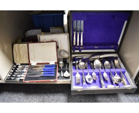 A canteen having purple interior containing  Moss Rose silver plated cutlery, sold together with various other canteens