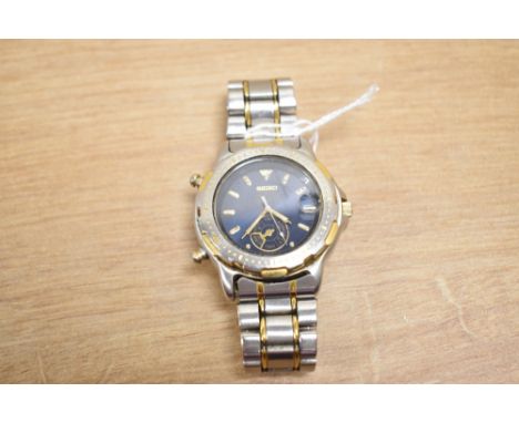 A Seiko quartz Chronograph Sports 150 wristwatch, the navy blue dial having baton numerals with date aperature and subsidiary
