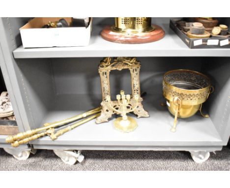 An early 20th brass Jardiniere having a pierced top rim and raised on 3 paw supports, h20cm, sold together with a miniature c