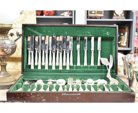 A mahogany canteen with green felt interior containing silver plated cutlery, impressed Sheffield viners mark, over 100 piece