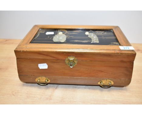 A large Chinese wooden jewellery box, containing an assortment of costume jewellery including beaded necklaces, brooches, sta