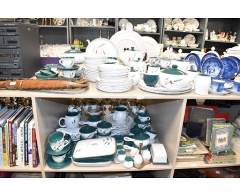 A Denby Greenwheat pattern dinner service decorated with floral designs on a white ground, to include tea pots, coffee pots, 
