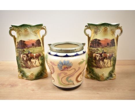 A Carlton Ware Art Nouveau design biscuit barrel with EPNS mount (lacking cover) sold along with a pair of early 20th century