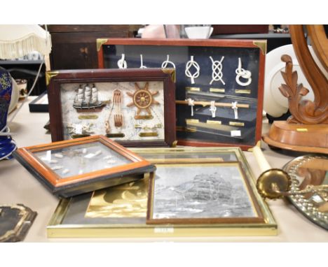 A vintage Nautical knot display from Dartmouth Devon, L46.5cm, sold together with a Nautical Quartz wall clock, two ship pict
