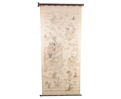 A CHINESE 19TH CENTURY KOSSU TAPESTRY depicting figures amongst a mountainous landscape, 185cm x 82cm 