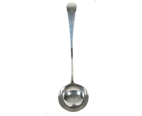 A GEORGE III WHITE METAL OLD ENGLISH PATTERN SOUP LADLE with plain circular bowl, the terminal engraved with period griffin a