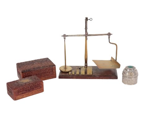 A SET OF LATE VICTORIAN BRASS AND STEEL POSTAGE SCALES by Degrave Short &amp; Co, on mahogany plinth, 26cm high, with integra