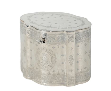 A VICTORIAN SILVER TEA CADDY by Elkington, Birmingham 1882, of serpentine outline, engraved throughout with leaf scroll ornam