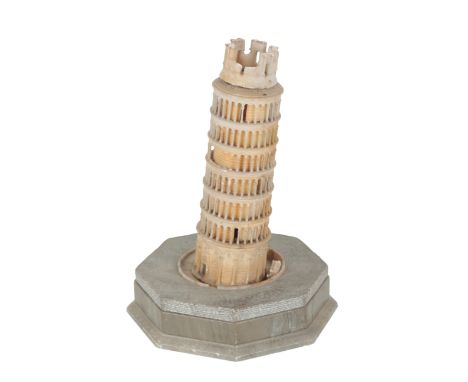 A CARVED ALABASTER MODEL OF THE LEANING TOWER OF PISA in 1/314 scale, 19th century, on a plinth base with a carved inscriptio