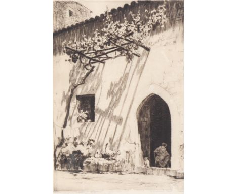 Lionel Lindsay, Spanish House, etching, signed in pencil, circa 1920, plate 24cm x 17cm, framedGood condition