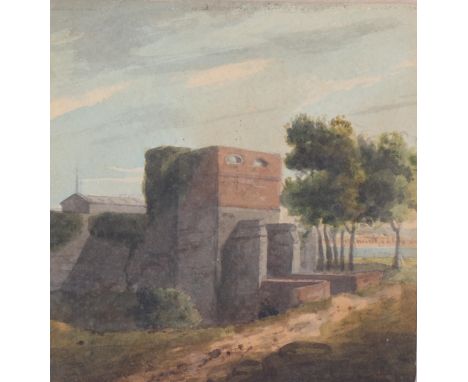 John Varley (1778 - 1842), Upnor Castle Rochester, watercolour, inscribed verso, 14cm x 14cm, framedSlight paper discolourati