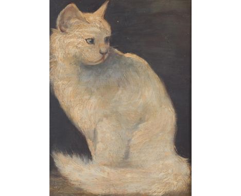 Portrait of a white cat, mid-20th century oil on board, dated 1956 verso, 30cm x 21cm, framedTiny paint chip on the nose and 