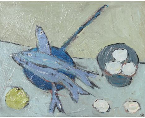 Still life study fish and eggs, contemporary oil on canvas, 40cm x 50cm, framedModern oil on canvas after Scott, in good cond