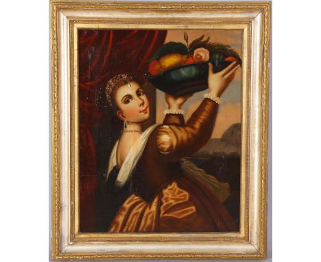 After Titian, girl with a platter of fruit, 19th century oil on canvas, 64cm x 51cm, framedSeveral patch repairs not visible 