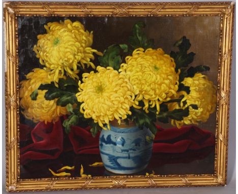 Still life study chrysanthemums, early 20th century oil on canvas, bears inscription verso, 52cm x 62cm, framedGood condition