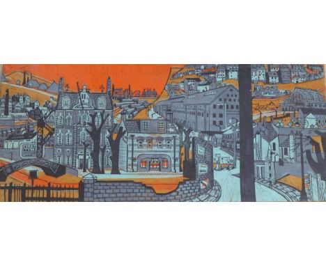 Brian Rees. Welsh Townscape. Colour variant screenprint. Circa 1960, 69.5cm x 30.5cm, mounted