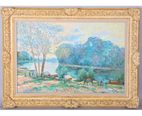Michael d'Aguilar (born 1900), impressionist river scene, oil on canvas, 1977, 60cm x 90cm, framedVery good condition