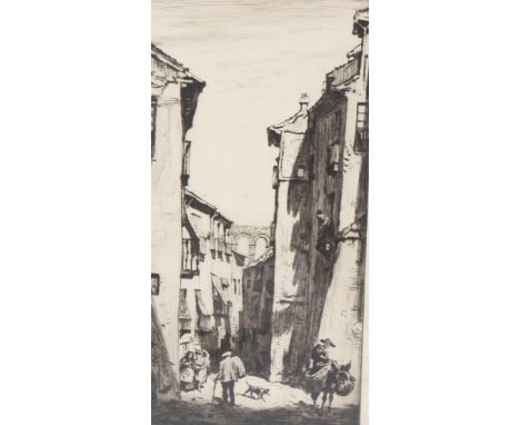 Lionel Lindsay, Street Of The Aquaduct Segovia, etching, signed in pencil, circa 1920, plate 26cm x 13.5cm, framedGood condit