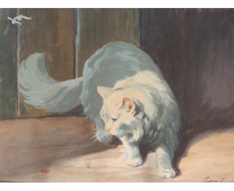 Portrait of a white cat, early 20th century watercolour, indistinctly signed, 31cm x 42cm, framedGood condition