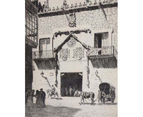 Lionel Lindsay, Casa Del Cordon Bruges, etching, signed in pencil, circa 1920, plate 25cm x 20cm, framedGood condition