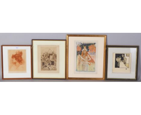 A group of 4 prints, Bussiere (Brunnhild litho), Boutet (etching Paulinette), Orlik woodcut seamstress studio, and a Guigneba