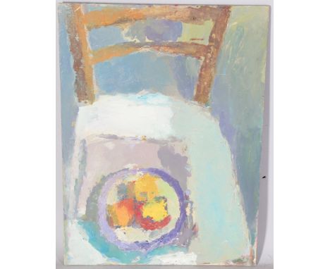 Mike Weller, abstract still life of fruit on a chair, oil on canvas laid to board, artist's name in pencil to reverse, 55cm x