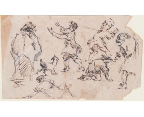 Old Master pen and ink on paper, group of figure studies, sheet 12.5cm x 20cm, framed