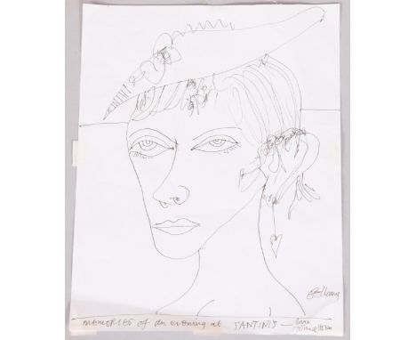 John Bellany (1942 - 2013), Memories Of An Evening At Santinis, pen and ink portrait on paper, sheet 27cm x 20.5cmA few light