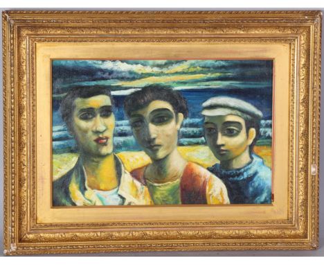 Portrait of 3 men, contemporary oil on canvas laid on board, 31cm x 45cm, framedGood condition, frame slightly chipped