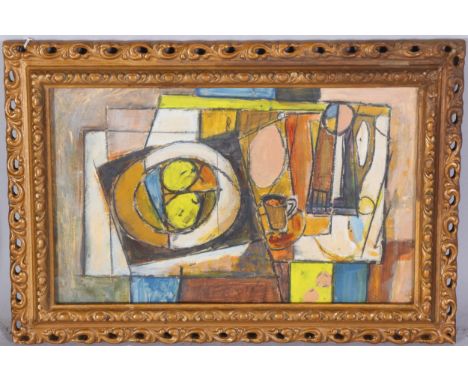 Contemporary abstract still life composition of fruit and coffee on table, unsigned, 39cm x 24cm, framedGood condition