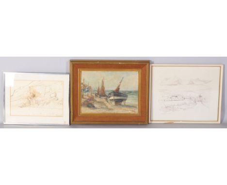 James Patrick, Moored Fishing Boats, 1923, oil on board, 30cm x 40cm, together with Derek Clarke, St Ninian's Cave Whithorn, 