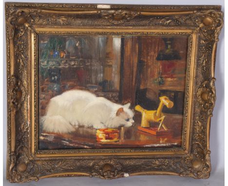 Portrait of a white cat, early 20th century Continental oil on canvas, indistinctly signed, 39cm x 49cm, framedImage in very 