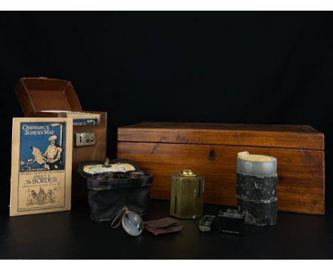 A mixed collection to include a 19th century baize lined walnut writing slope, a set of 20th century ordnance survey maps in 