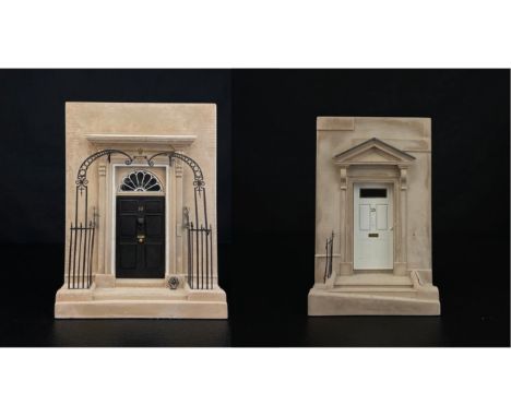 A pair of Timothy Richards bookends to include a to scale resin model of the doorway to 10 Downing street and of Jane Austin'