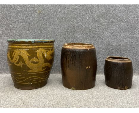 A Chinese planter or jardiniere of baluster form having an everted turquoise rim over a glazed ochre body with a continuous s
