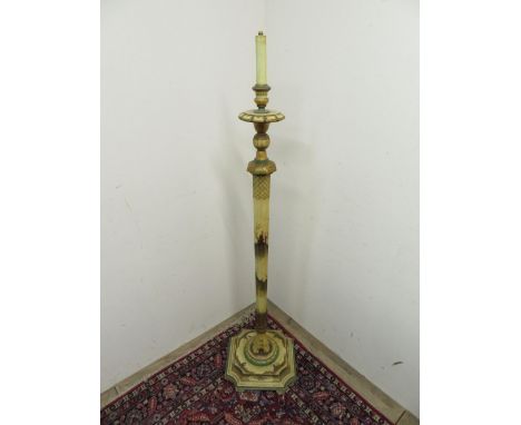 George III style yellow and green Chinoiserie decorated standard lamp, with acanthus carved octagonal tapering column on ball