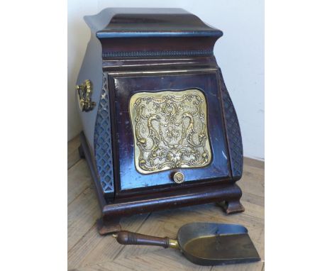 Unusual Victorian walnut caddy top coal box, slope fall front with an inset brass panel and two brass handles, and wooden han