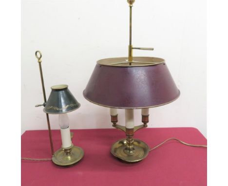 Brass three branch electric table lamp with adjustable height (50cm) and another brass table lamp (2) 