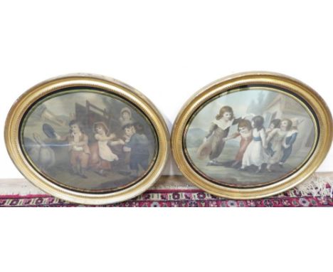 A pair of 19th C mezzotint oval engravings, pastoral studies of children playing, in gilt wood frames (55cm x 43cm) (2) 