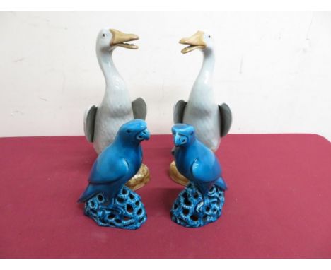 Large pair of Chinese ceramic ducks (H26cm) and a pair of blue glazed parakeets (H16.5cm) 
