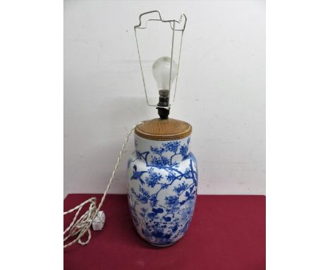 Chinese blue &amp; white vase with bird and floral detail, with six digit signature panel to the base and detachable table la
