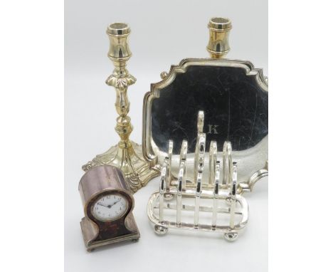 Small EPNS and faux tortoiseshell balloon shaped  alarm clock with white enamel dial, five bar toast rack, a shaped square sa