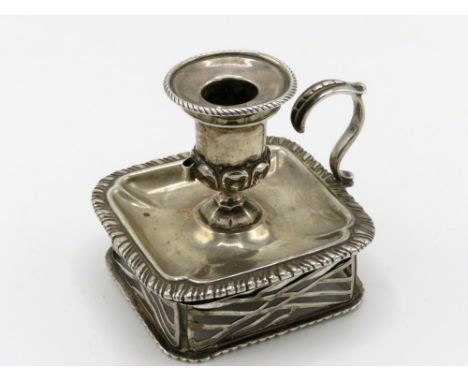 Victorian hallmarked silver square chamber candlestick and sconce, with gadrooned edges, London 1859 by Charles Thomas Fox &a